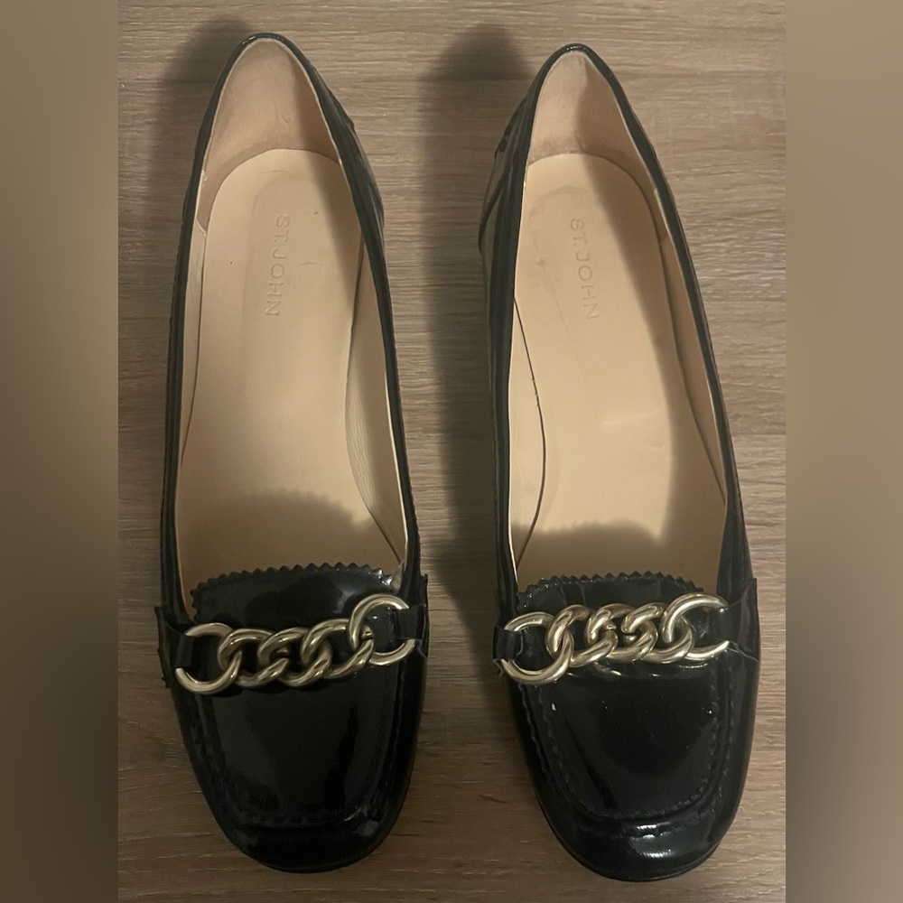 St. John Black Flats with Gold Chain Accent